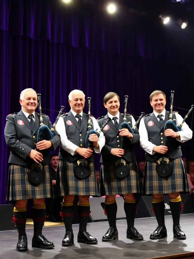A group of musicians in traditional attire presenting at a bagpipe conference, showcasing the vibrant community and knowledge sharing.