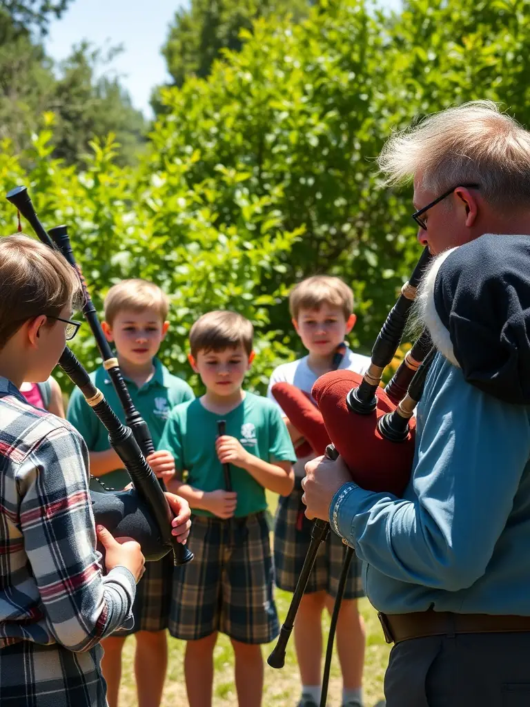 A teacher guiding students in a bagpipe workshop, fostering the next generation of bagpipe players and enthusiasts.