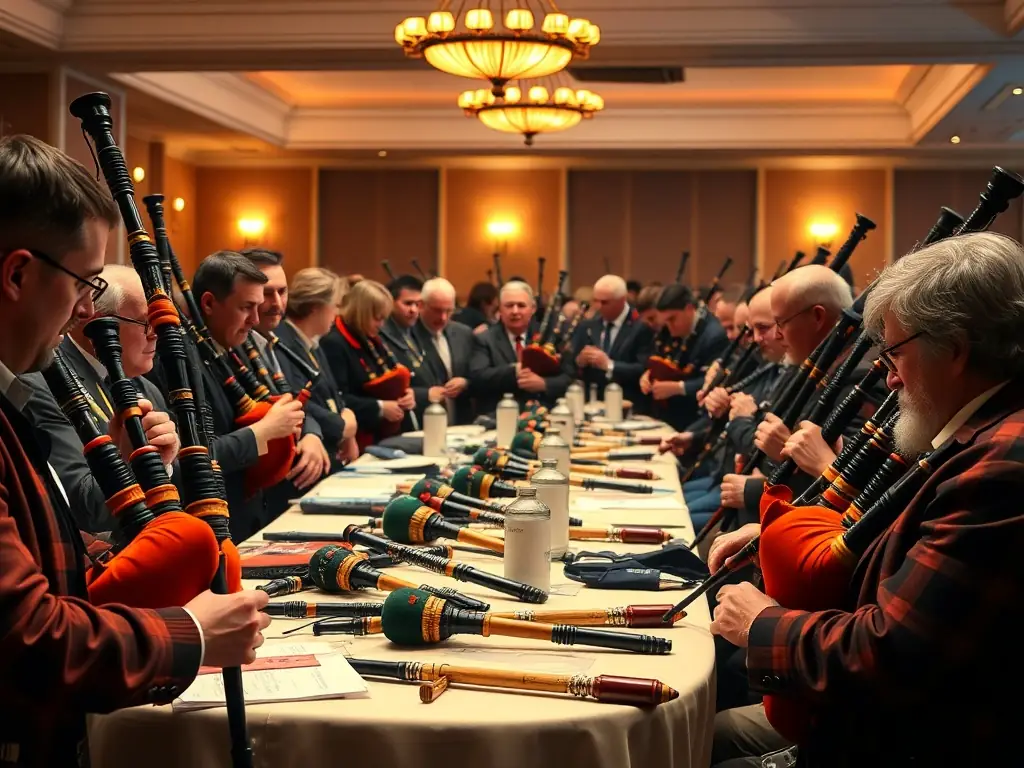 A vibrant photo of a bagpipe conference, showcasing attendees actively participating in a workshop session, with various bagpipes displayed on tables.