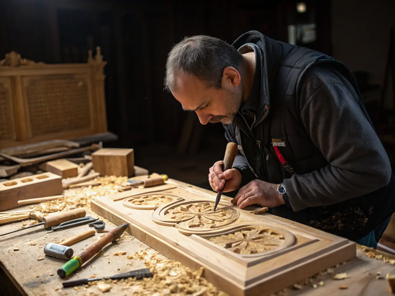 A close-up shot of a bagpipe maker carefully crafting a new bagpipe, highlighting the traditional tools and techniques used in the instrument-making process.