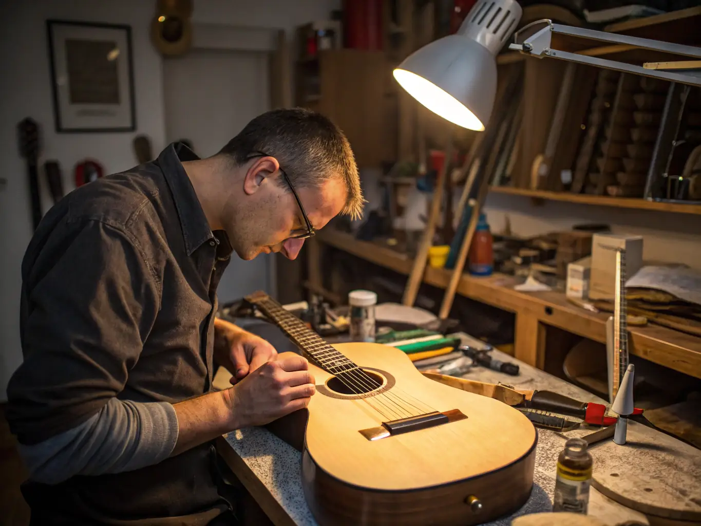 A detailed image of a craftsman meticulously restoring a vintage bagpipe, showcasing the intricate work and attention to detail involved in the restoration process.