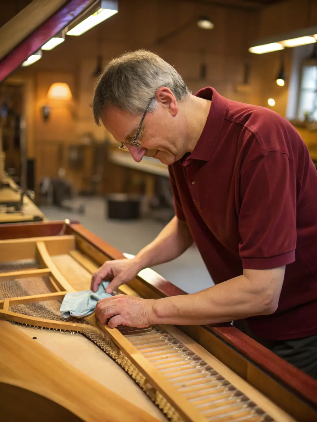 A craftsman meticulously restoring an antique bagpipe, highlighting the delicate work and preservation of musical heritage.